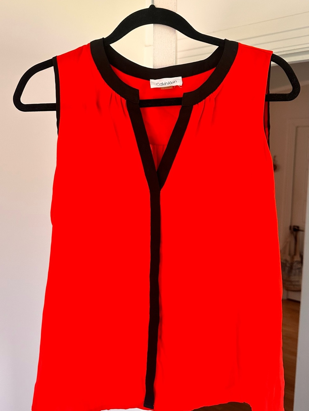 Calvin Klein Red Sleeveless V-Neck Tank with Black Trim
